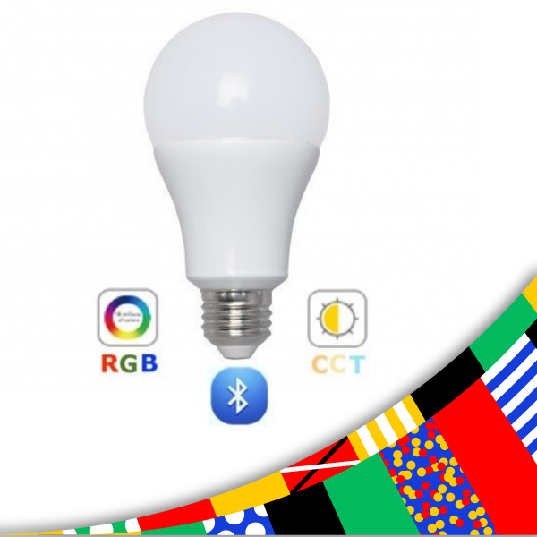 RGB-CCT LED lámpa , égő ,  E27 foglalat , 9 Watt , dimmelhető , színes , állítható fehér színárnyalat , Bluetooth , LEDISSIMO SMART