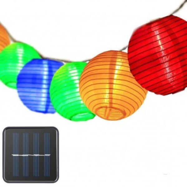 Led fényfüzér , kültéri , napelemes , színes lampion , 10 db , 3 m , IP44